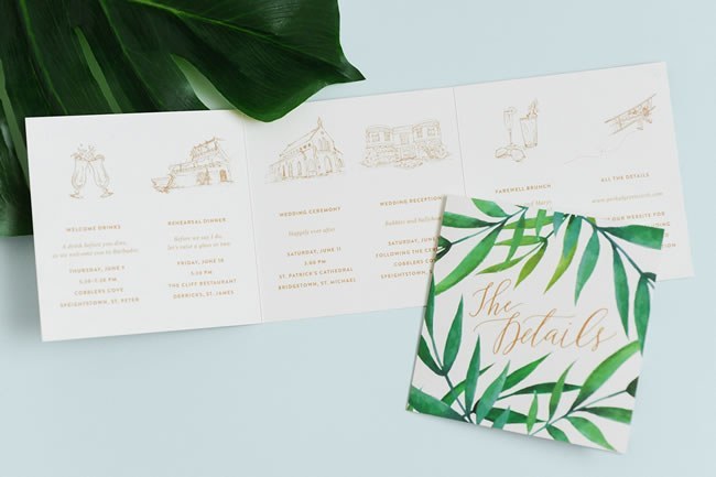 Tri-fold destination wedding itinerary with tropical leaves