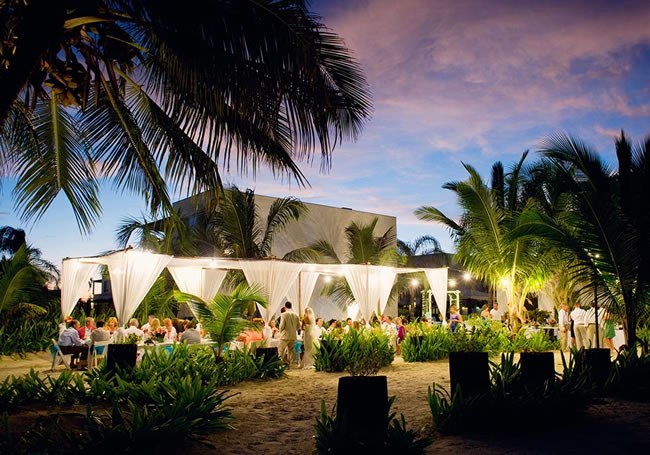 A beachy outdoor wedding reception under a canopy