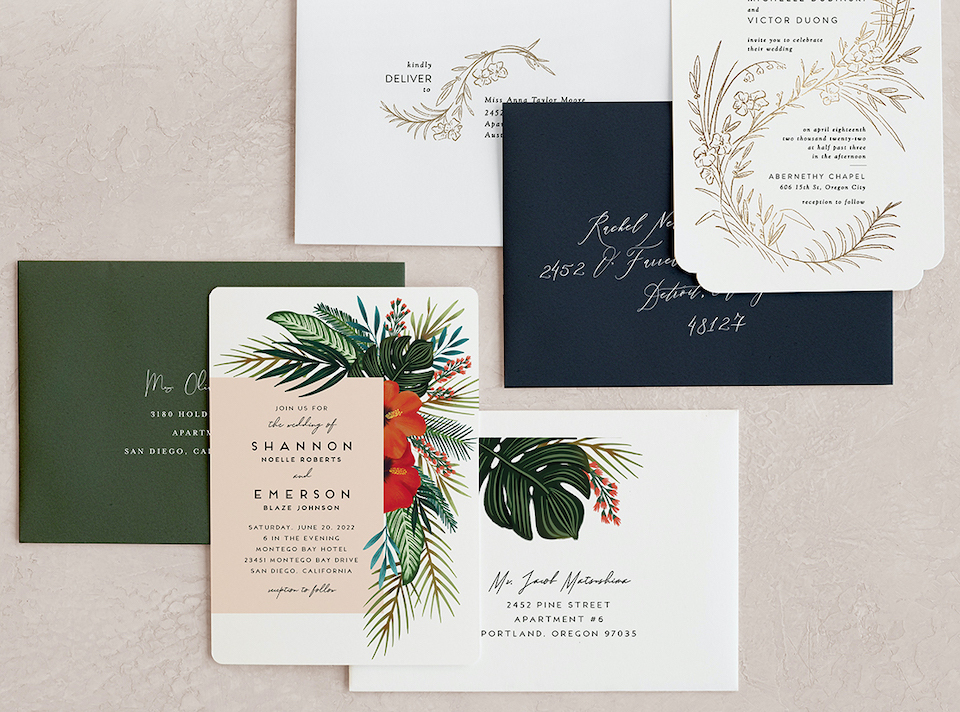 Tropical floral wedding invitation suite by Minted