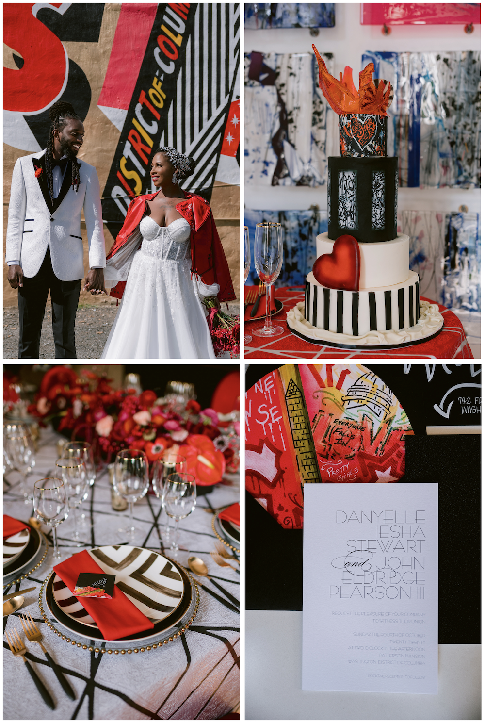 Bold red, black, and white modern wedding mood board